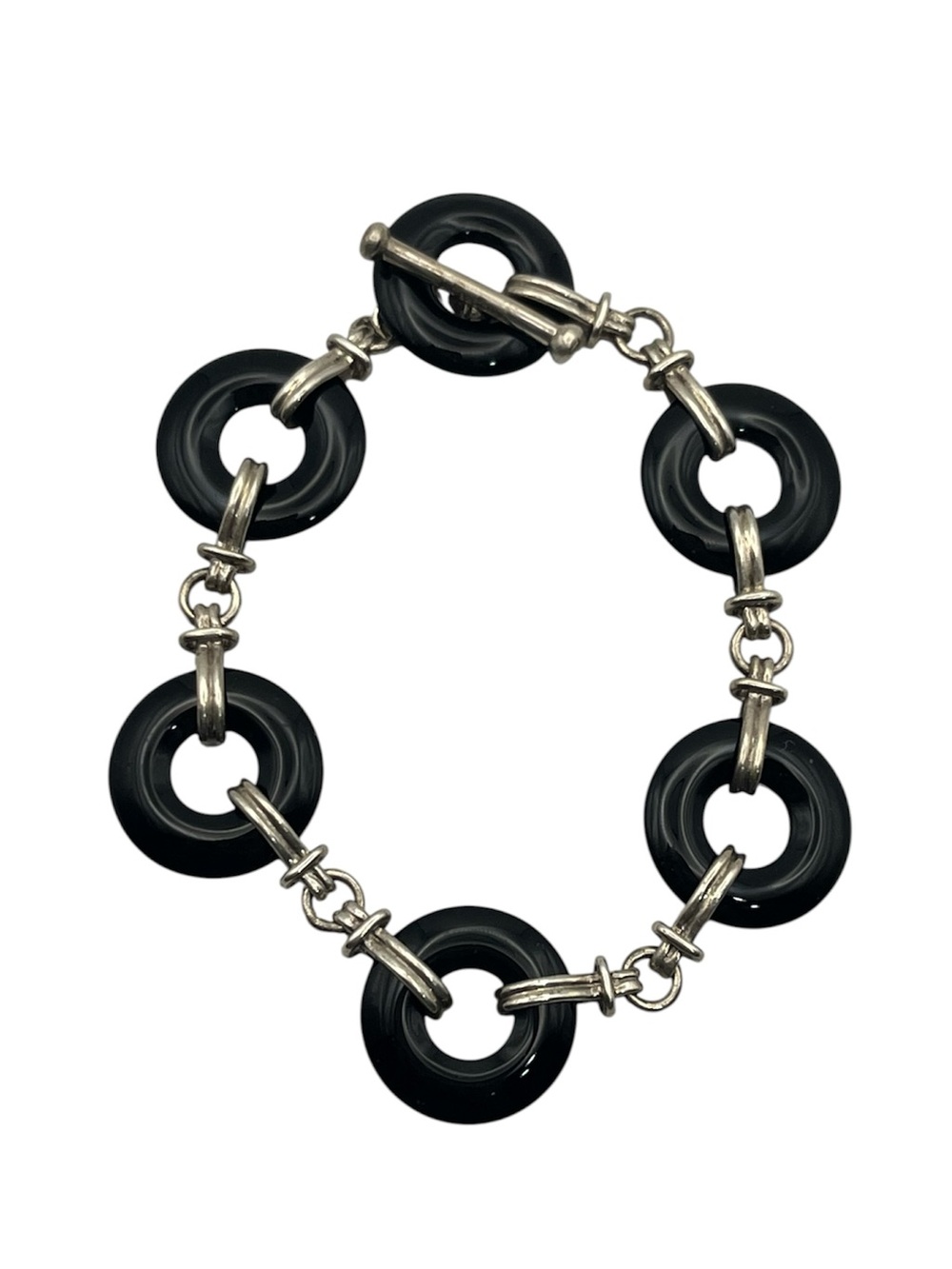 Black stone round disc sterling silver toggle clasp bracelet